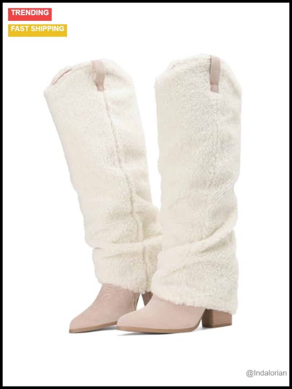 Fold Over Knee High Boots Faux Suede Patchwork Chunky Heel Western